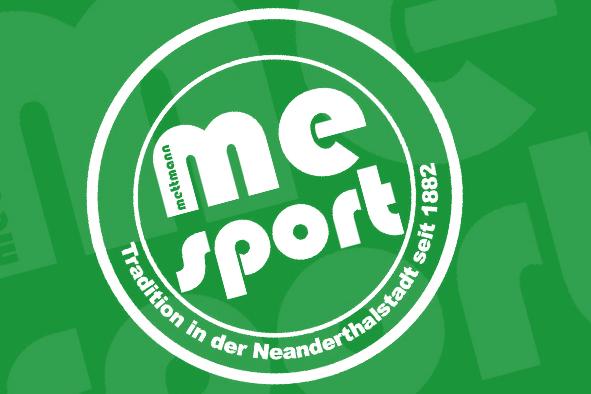 Logo von Mettmann Sport auf grünem Hintergrund mit dem Slogan „Tradition in der Neandertalsstadt seit 1882“.