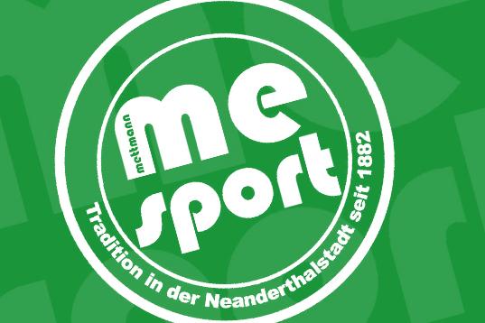 Logo von Mettmann Sport auf grünem Hintergrund mit dem Slogan „Tradition in der Neandertalsstadt seit 1882“.