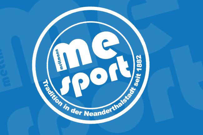 Logo von "me sport" in Blau und Weiß, mit dem Schriftzug "Tradition in der Neanderthalstadt seit 1882".