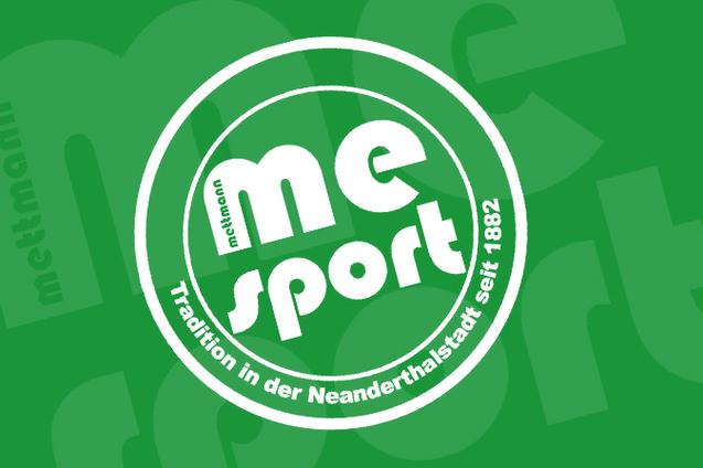 Logo von Mettmann Sport auf grünem Hintergrund mit dem Slogan „Tradition in der Neandertalsstadt seit 1882“.