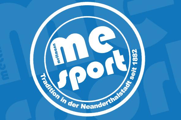 Logo von "me sport" in Blau und Weiß, mit dem Schriftzug "Tradition in der Neanderthalstadt seit 1882".