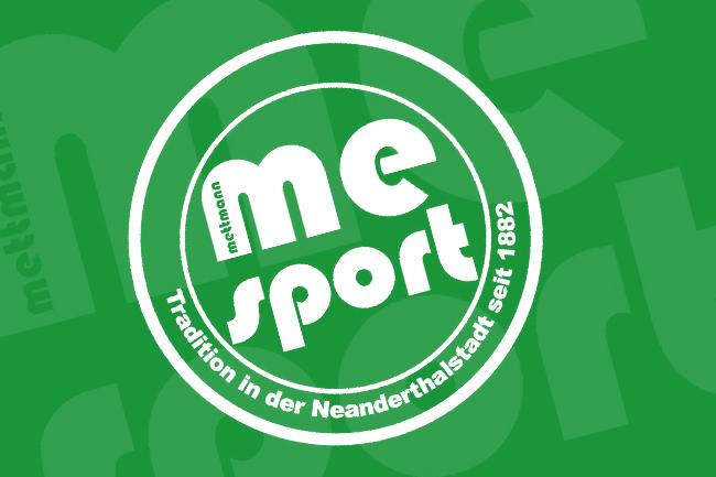 Logo von Mettmann Sport auf grünem Hintergrund mit dem Slogan „Tradition in der Neandertalsstadt seit 1882“.
