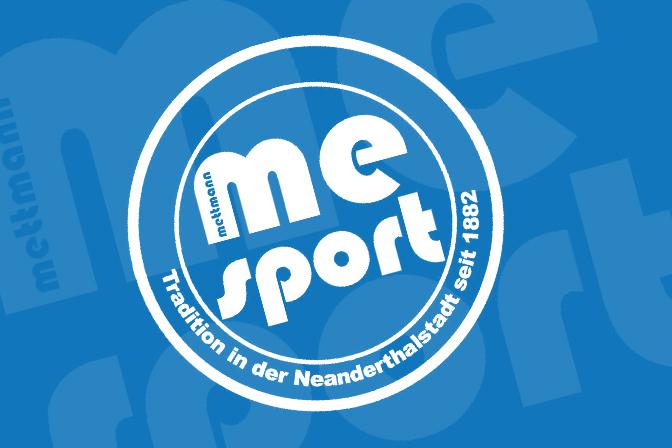 Logo von "me sport" in Blau und Weiß, mit dem Schriftzug "Tradition in der Neanderthalstadt seit 1882".
