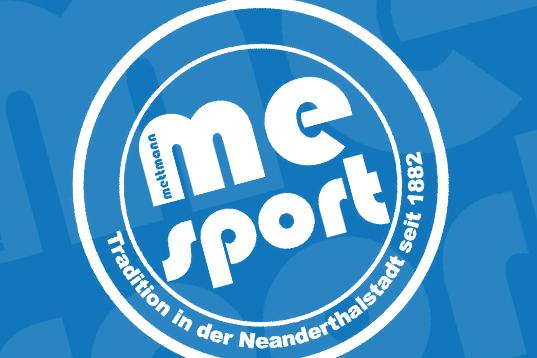 Logo von "me sport" in Blau und Weiß, mit dem Schriftzug "Tradition in der Neanderthalstadt seit 1882".