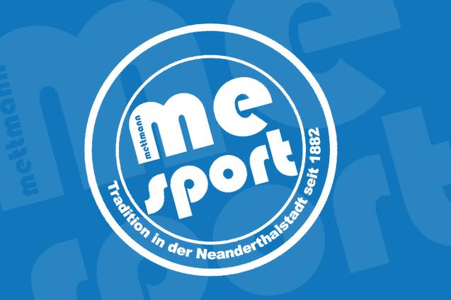 Logo von "me sport" in Blau und Weiß, mit dem Schriftzug "Tradition in der Neanderthalstadt seit 1882".