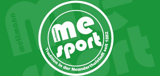 Logo von Mettmann Sport auf grünem Hintergrund mit dem Slogan „Tradition in der Neandertalsstadt seit 1882“.