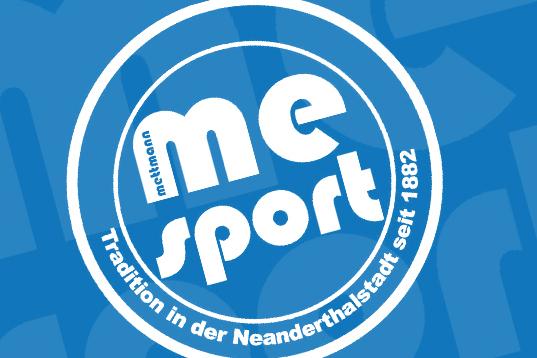 Logo von "me sport" in Blau und Weiß, mit dem Schriftzug "Tradition in der Neanderthalstadt seit 1882".