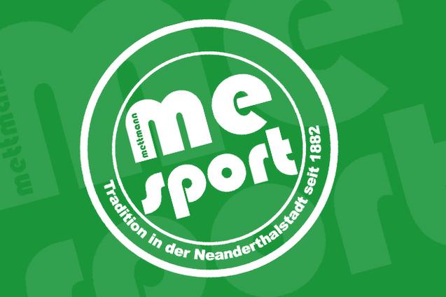 Logo von Mettmann Sport auf grünem Hintergrund mit dem Slogan „Tradition in der Neandertalsstadt seit 1882“.