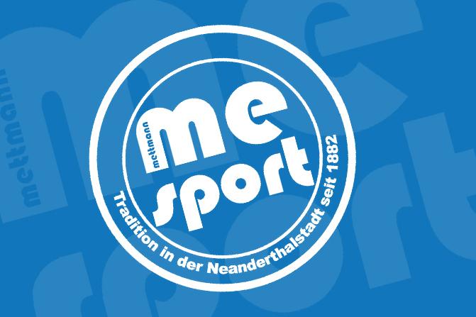 Logo von "me sport" in Blau und Weiß, mit dem Schriftzug "Tradition in der Neanderthalstadt seit 1882".