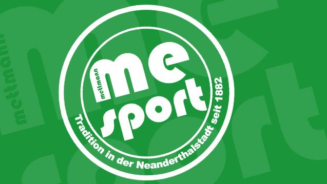 Logo von Mettmann Sport auf grünem Hintergrund mit dem Slogan „Tradition in der Neandertalsstadt seit 1882“.