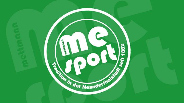 Logo von Mettmann Sport auf grünem Hintergrund mit dem Slogan „Tradition in der Neandertalsstadt seit 1882“.
