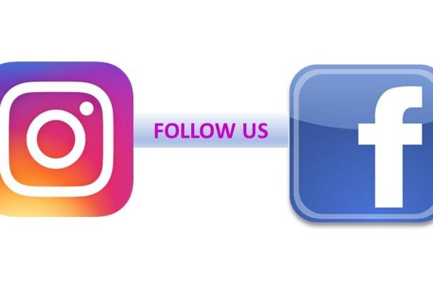 Symbolische Darstellung der Logos von Instagram und Facebook mit der Aufforderung „Follow Us“.