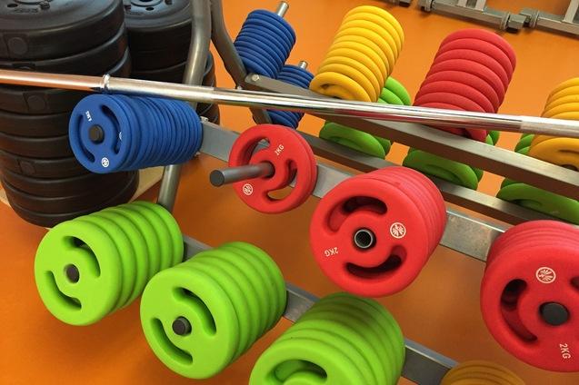 Reihe bunter Fitnessgewichte in verschiedenen Größen, zusammen mit einer Langhantel auf einem Fitnessstudio-Boden.